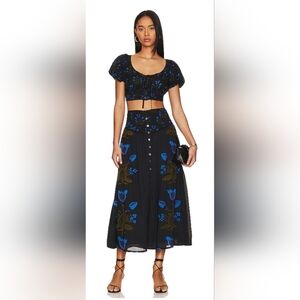 FREE PEOPLE Easy To Love Black Maxi Skirt with Blue Floral Print